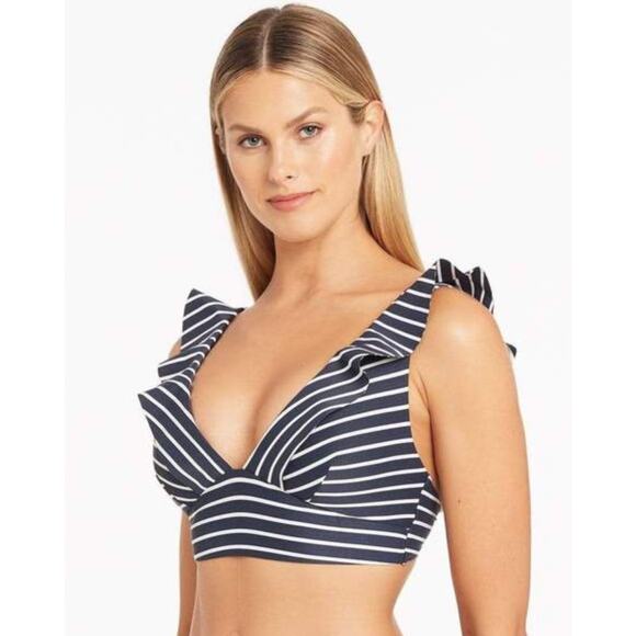 Sea Level Navy Blue Stripe Frill Ruffle Bikini Swim Swimsuit Top womens 4 XS new - Picture 4 of 14